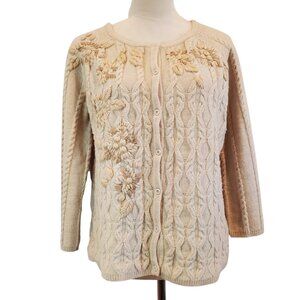 GARNET HILL SZ XL 100% Lambswool Cable Knit Floral Embroidered Cardigan Sweater